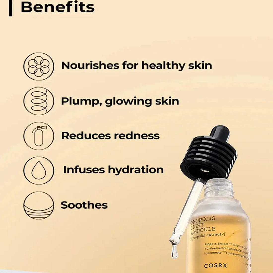 Cosrx propolis light ampoule with benefits listed on a beige background