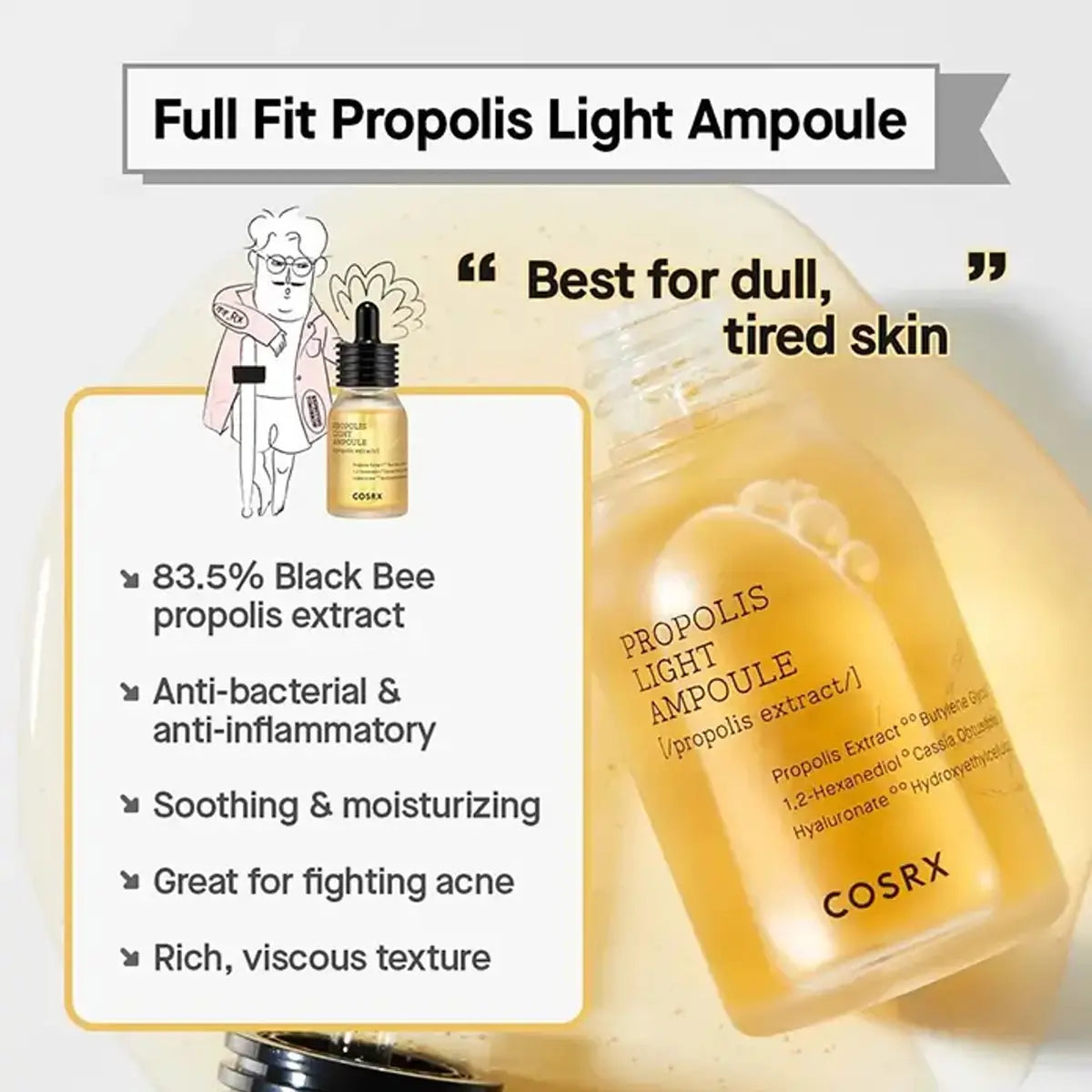 Cosrx Propolis Light Ampoule with product details and benefits on a light background