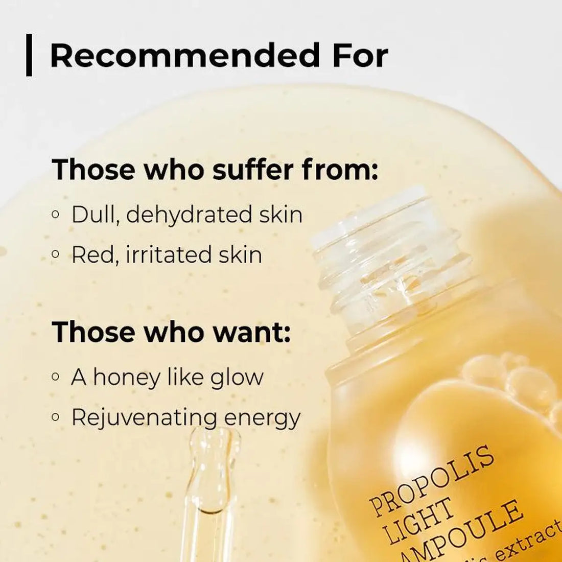Product packaging with text about skin conditions and desired effects