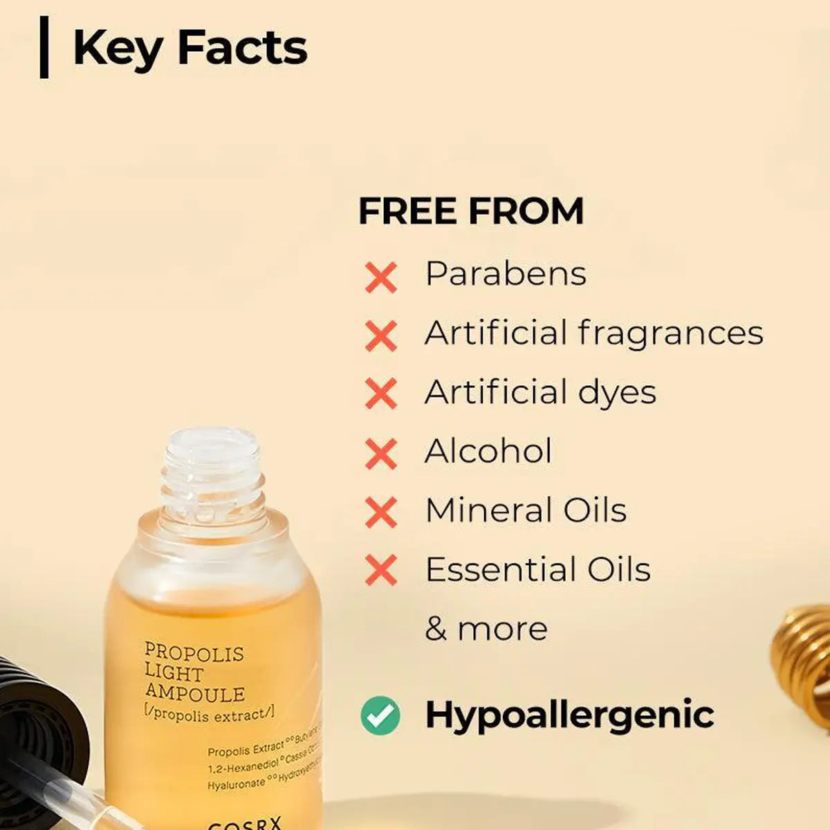 Cosrx Full Fit Propolis Light Ampoule with key facts about being free from parabens, artificial fragrances, and other allergens on a beige background.