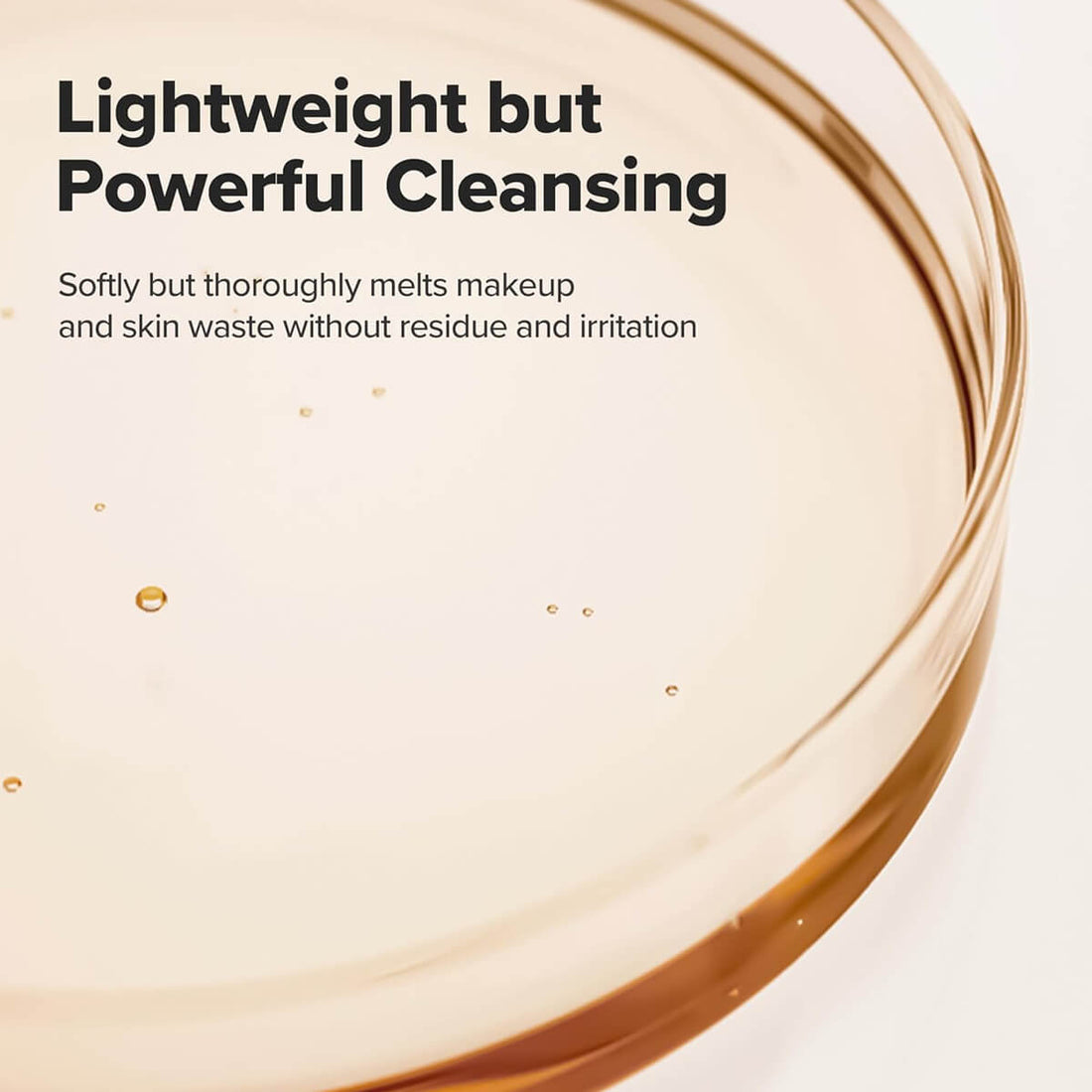 Product with text highlighting its cleansing properties on a beige background