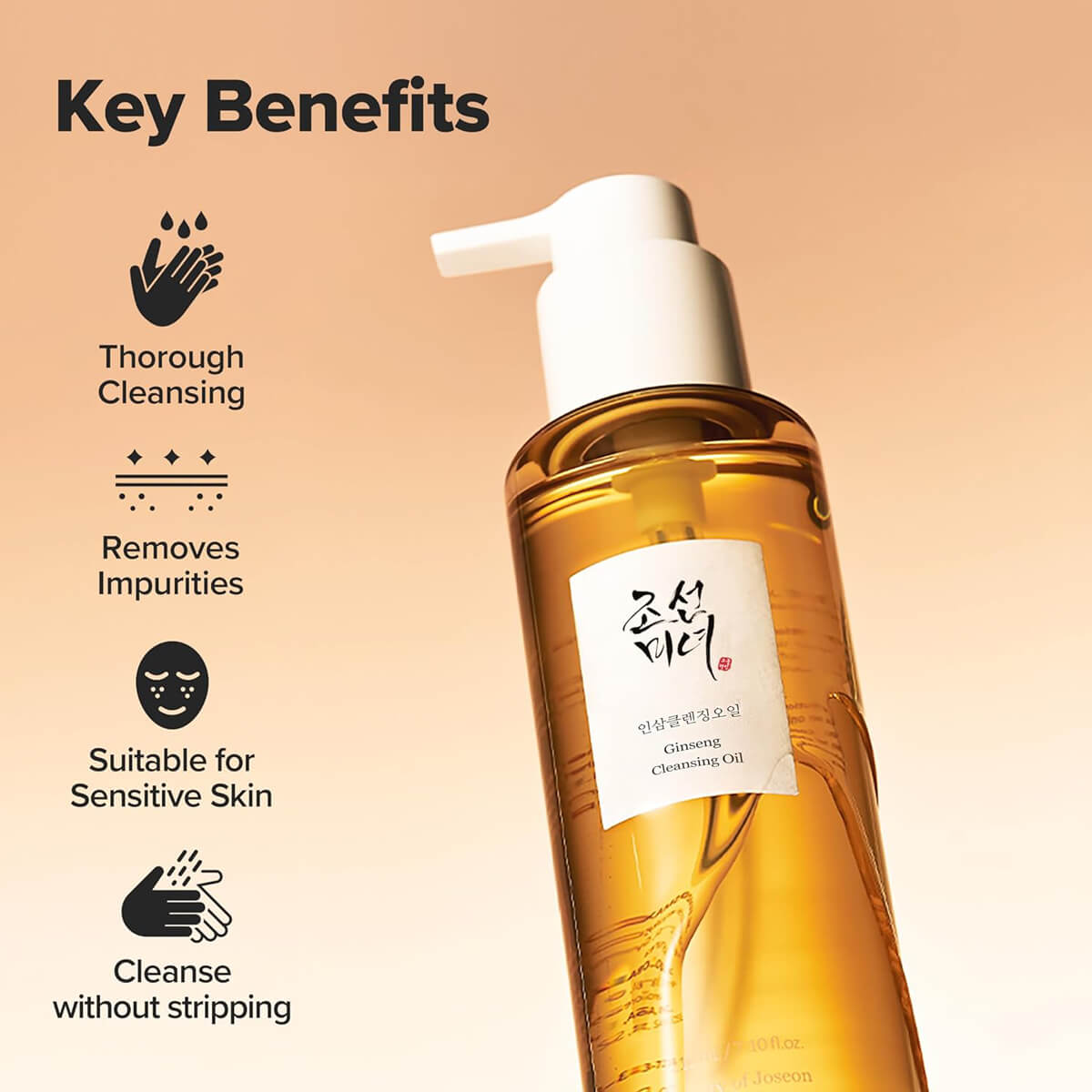 Bottle of Ginseng Cleansing Oil with key benefits listed on a beige background