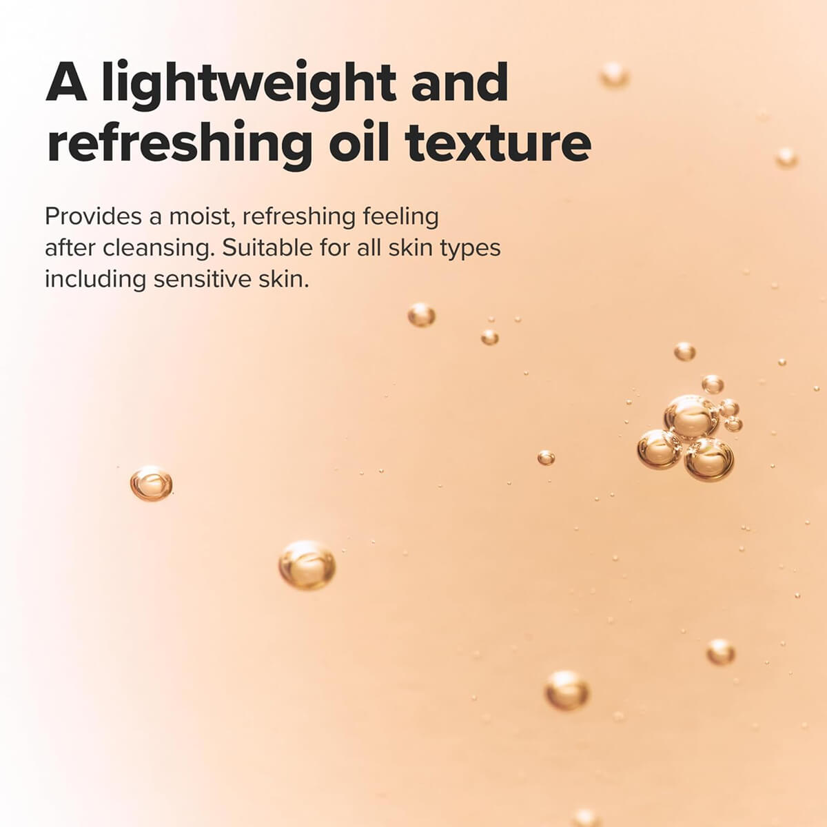 Text about a lightweight and refreshing oil texture on a beige background with oil droplets.