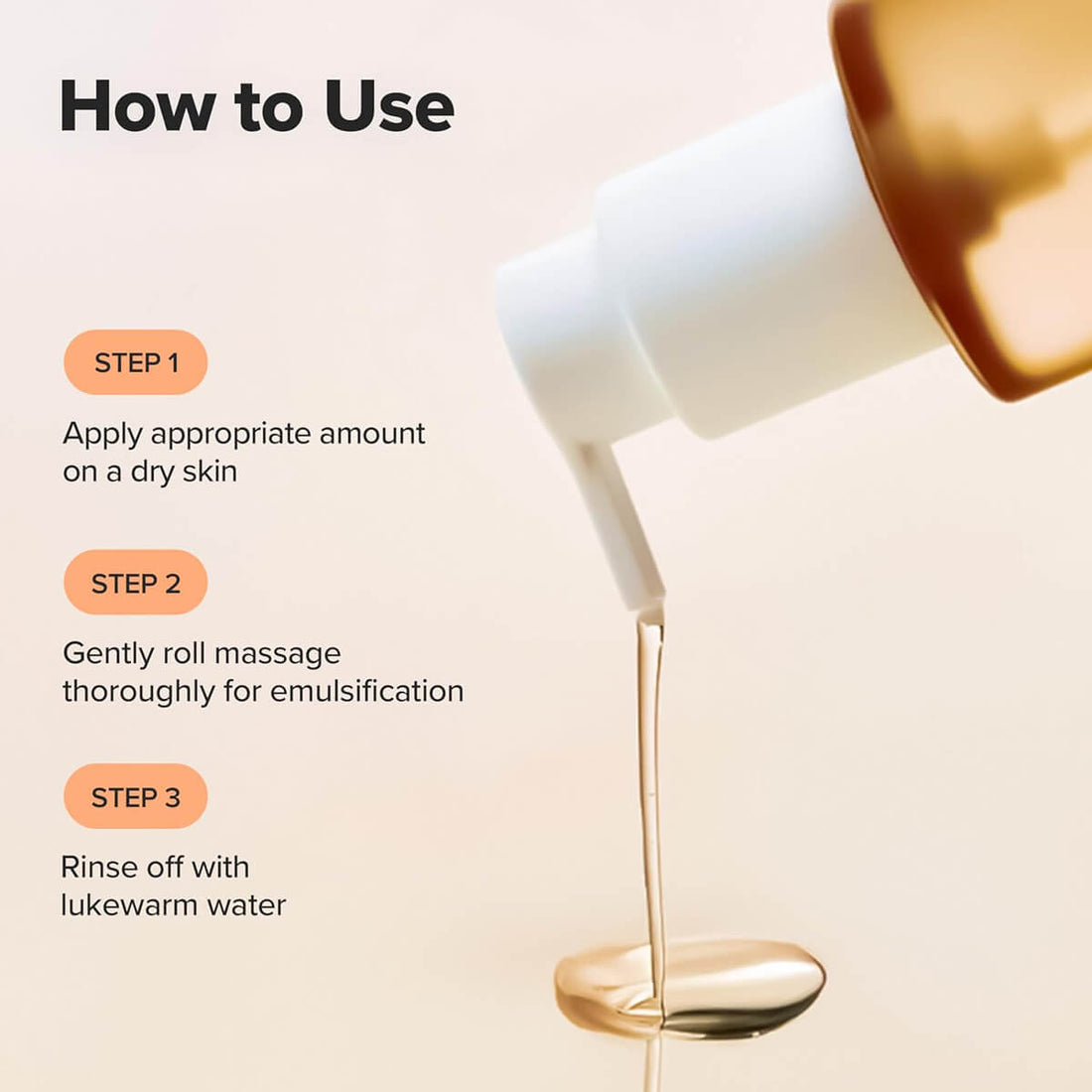 Instructions on how to use a skincare product with a dropper and text overlay.