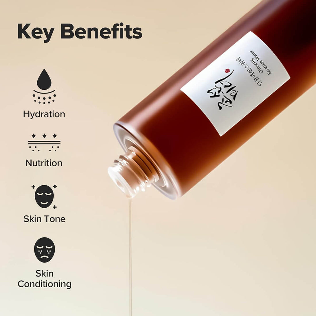 Bottle of skincare product with key benefits listed on a beige background