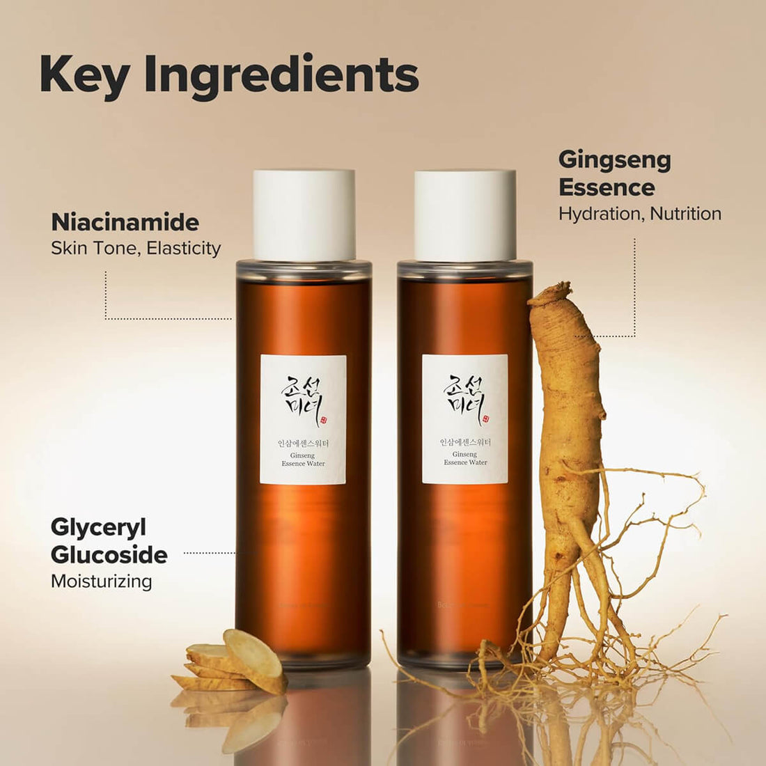 Two bottles of skincare product with ginseng root on a beige background, highlighting key ingredients.