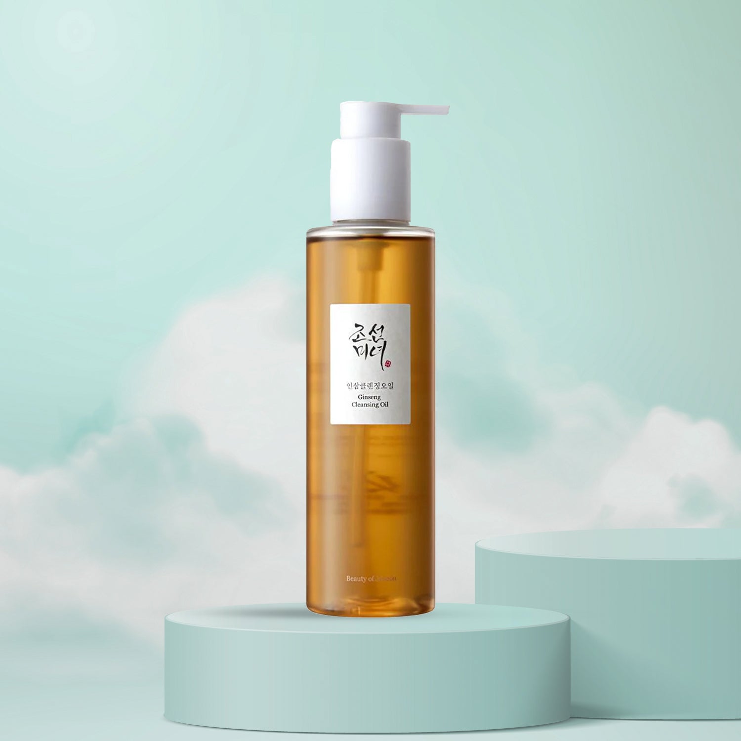 A pump bottle of Ginseng Cleansing Oil on a pedestal, with a light green background and a representation of clouds.