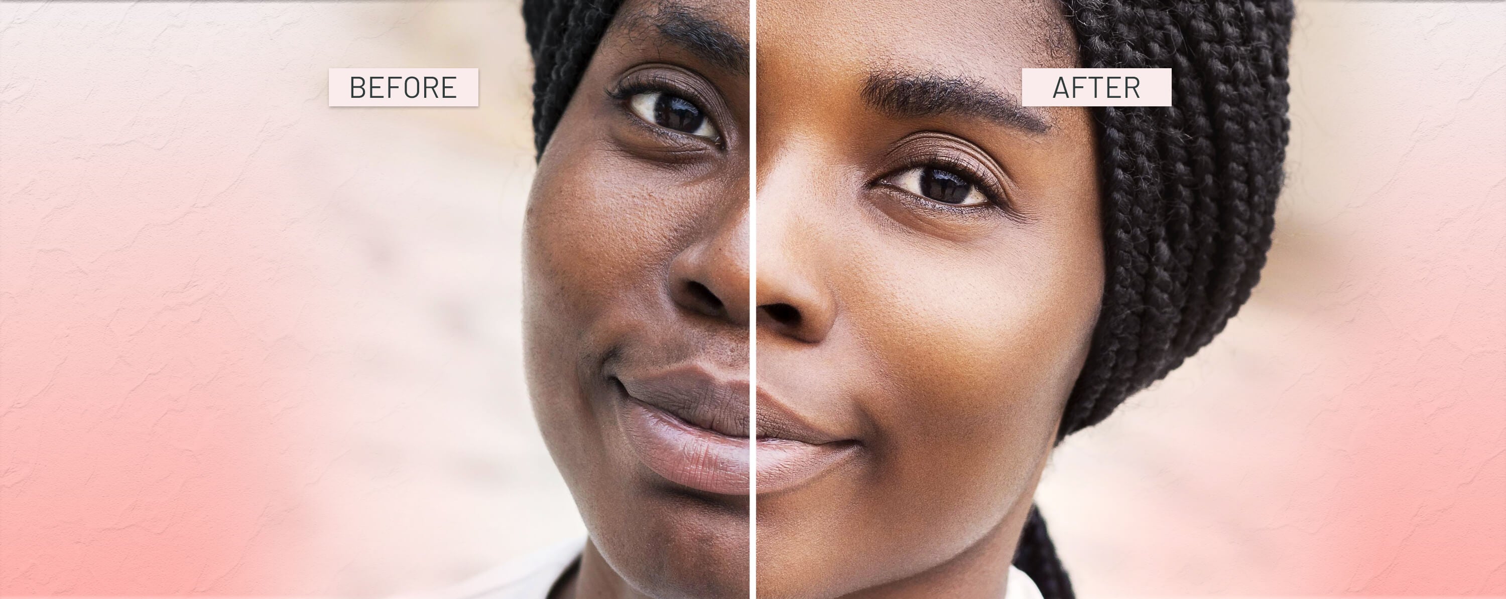 Before and after comparison of a person wearing a headscarf with a blurred background