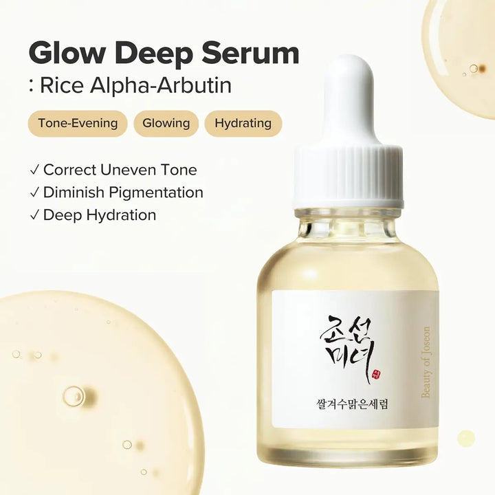 Glow Deep Serum bottle with dropper on a white background