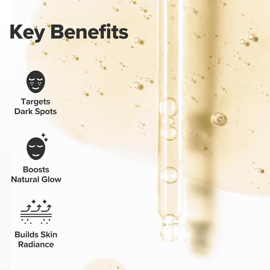 Key benefits of a skincare product with droplets and text on a light background