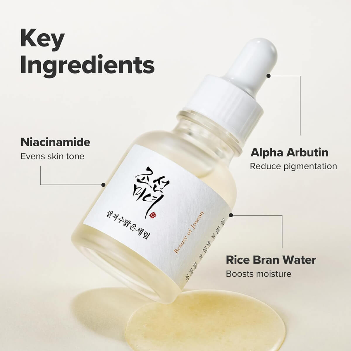 Skincare serum bottle with key ingredients labeled on a light background