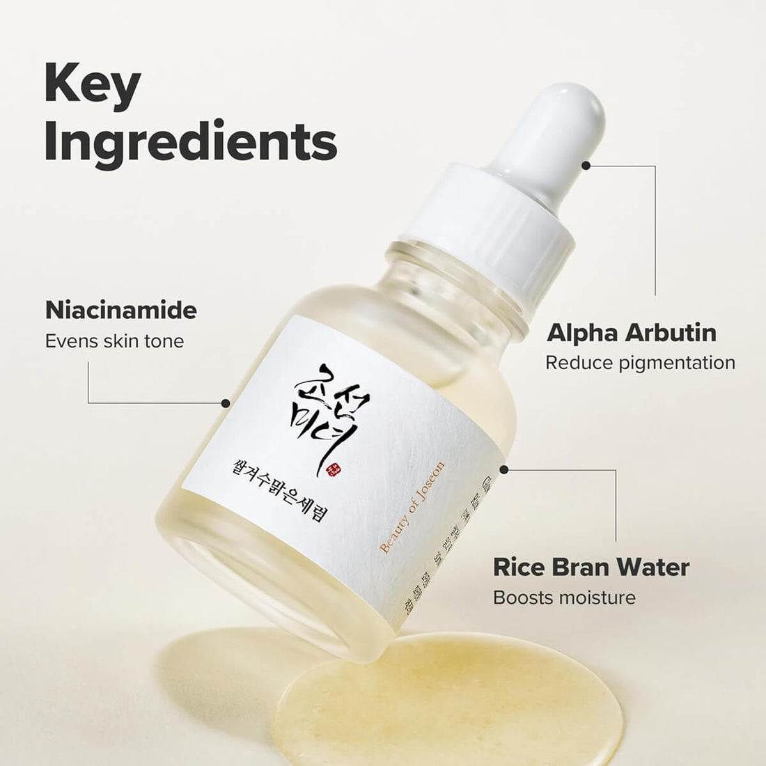Skincare serum bottle with key ingredients labeled on a light background