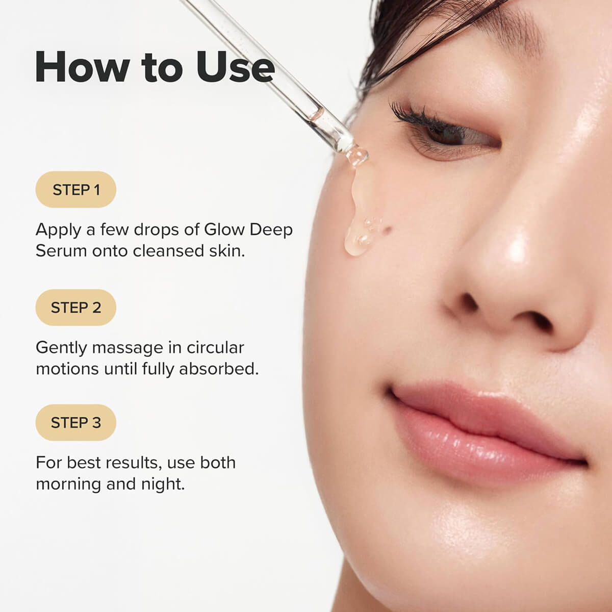 Instructions on how to use a skincare serum with a close-up of a woman's face.