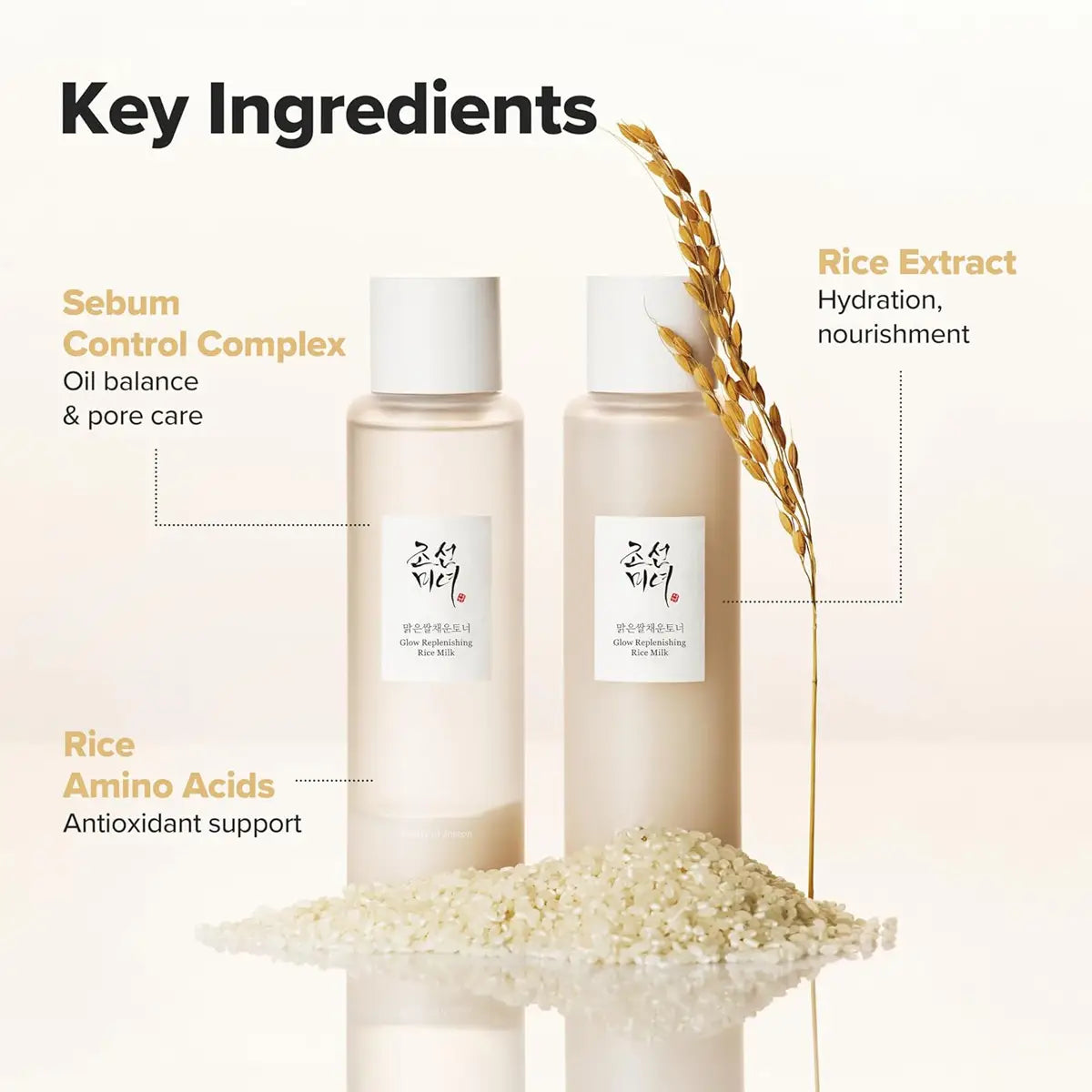 Two skincare bottles with key ingredients labeled on a beige background