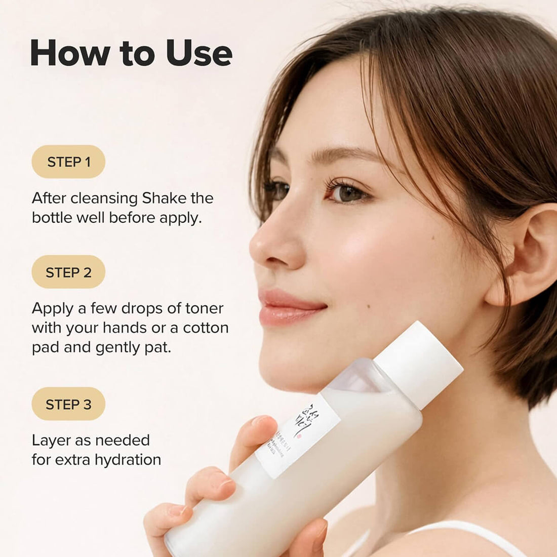 Woman applying toner with a bottle, steps displayed on the left