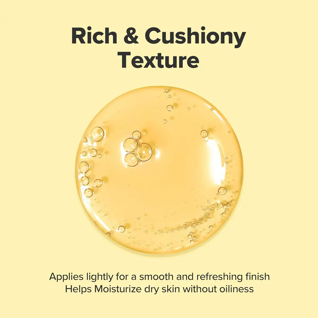 Textured oil product with bubbles on a yellow background, featuring text about texture and moisturizing benefits.