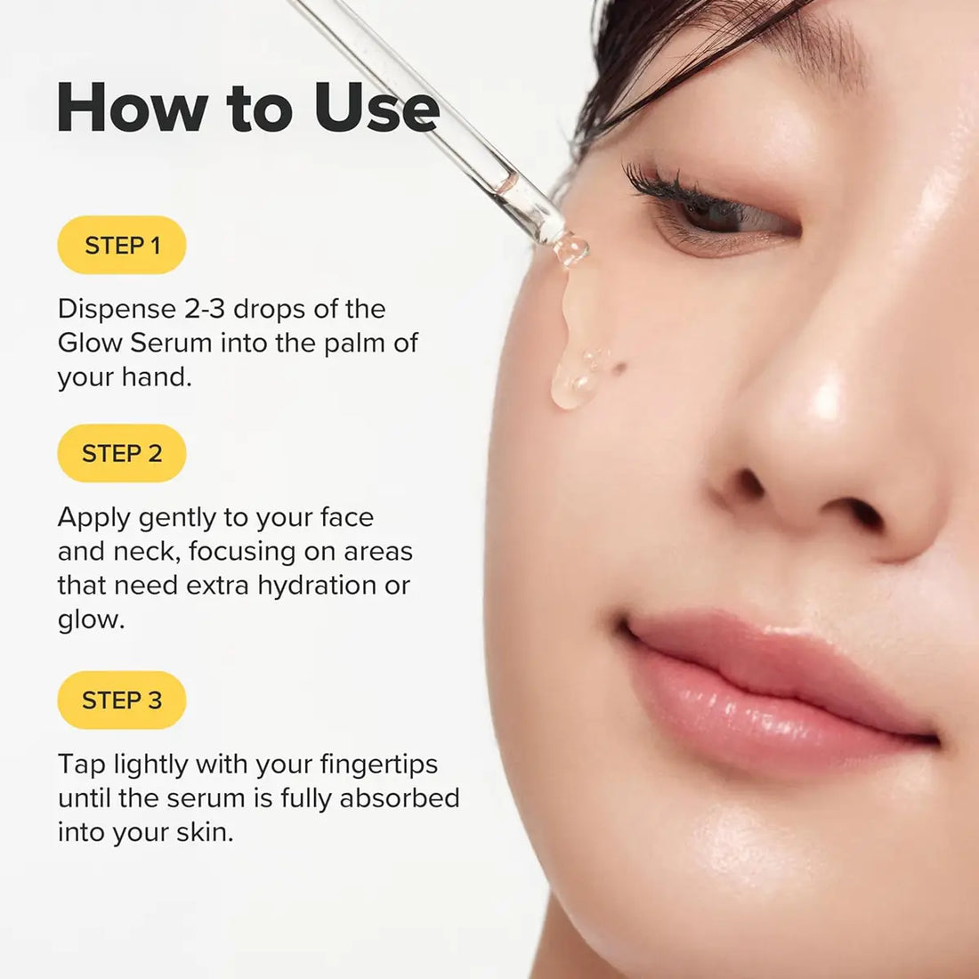 Instructions on how to use a glow serum with a close-up of a woman's face.