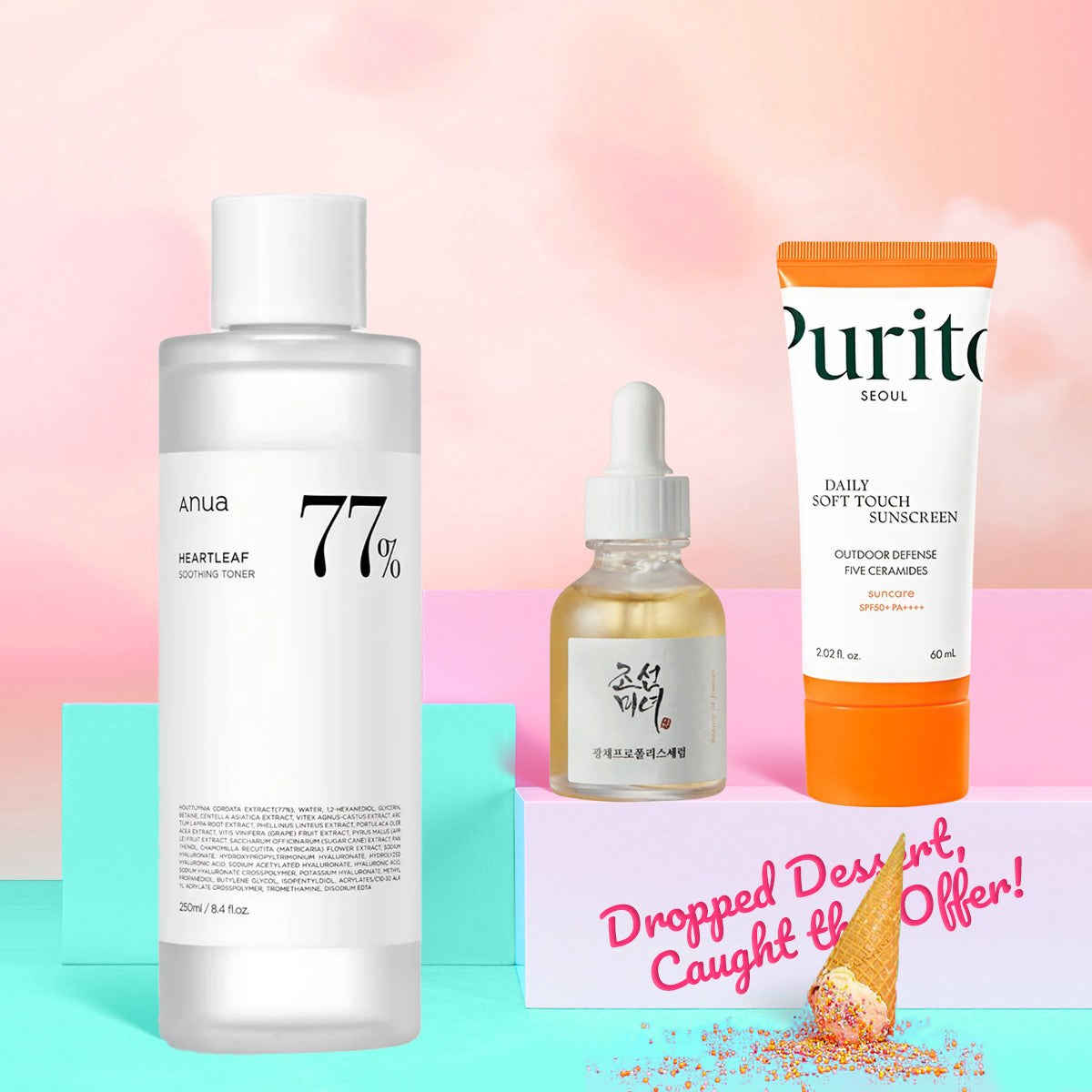 Three skincare products on a colorful background with promotional text.