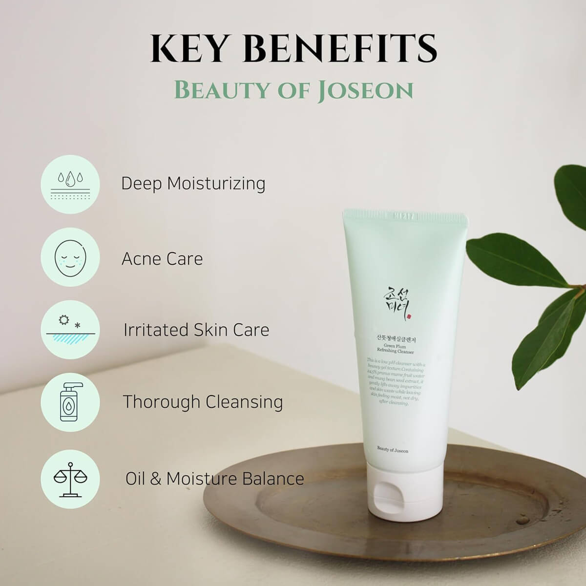 Beauty of Joseon skincare product with key benefits listed on a neutral background