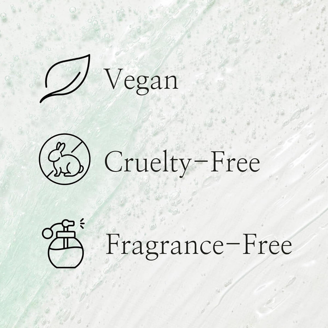 Icons for vegan, cruelty-free, and fragrance-free products on a textured light green background.