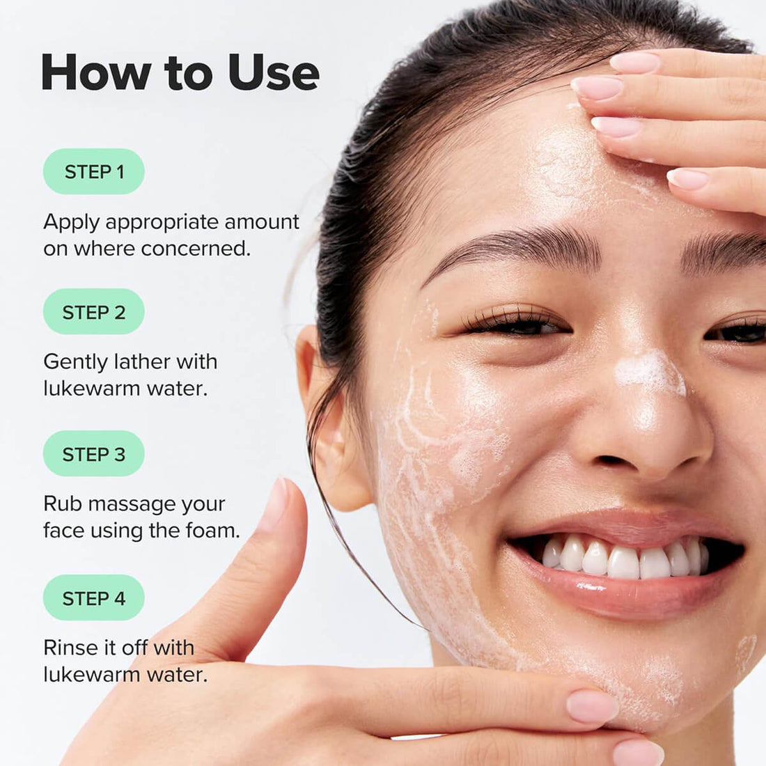 Woman applying skincare product with text on how to use it