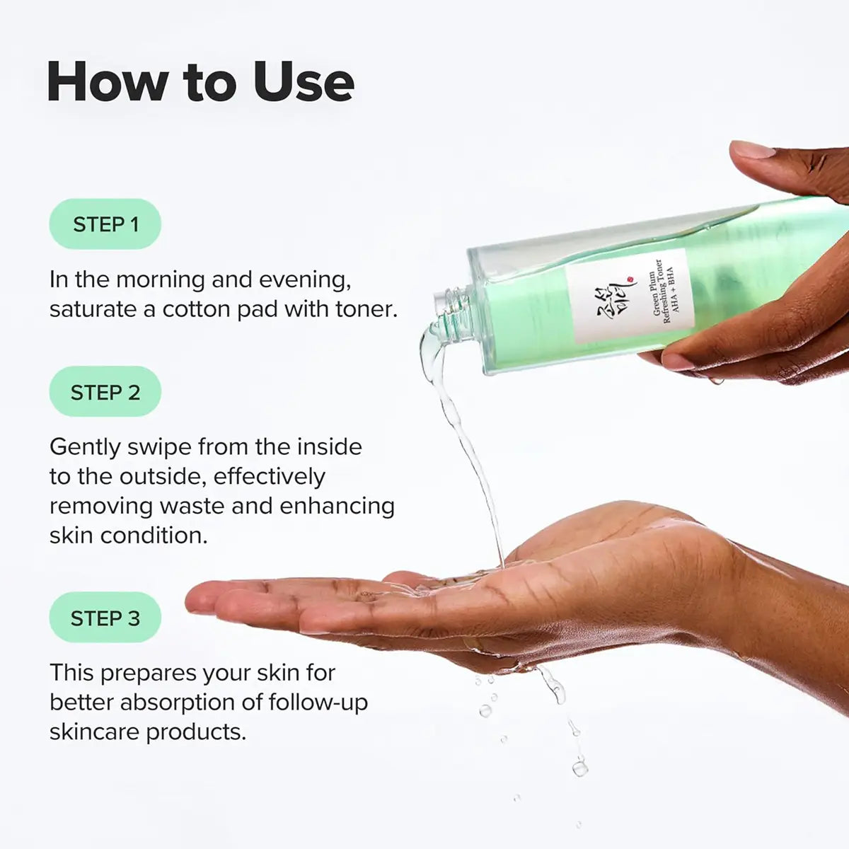 Step-by-step guide on how to use a Beauty of Joseon Green Plum Refreshing Toner AHA + BHA with text and demonstration of application.