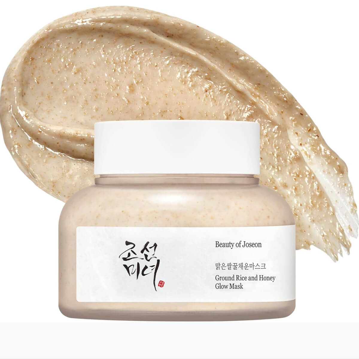 Jar of Beauty of Joseon Ground Rice and Honey Glow Mask with a swatch on a white background