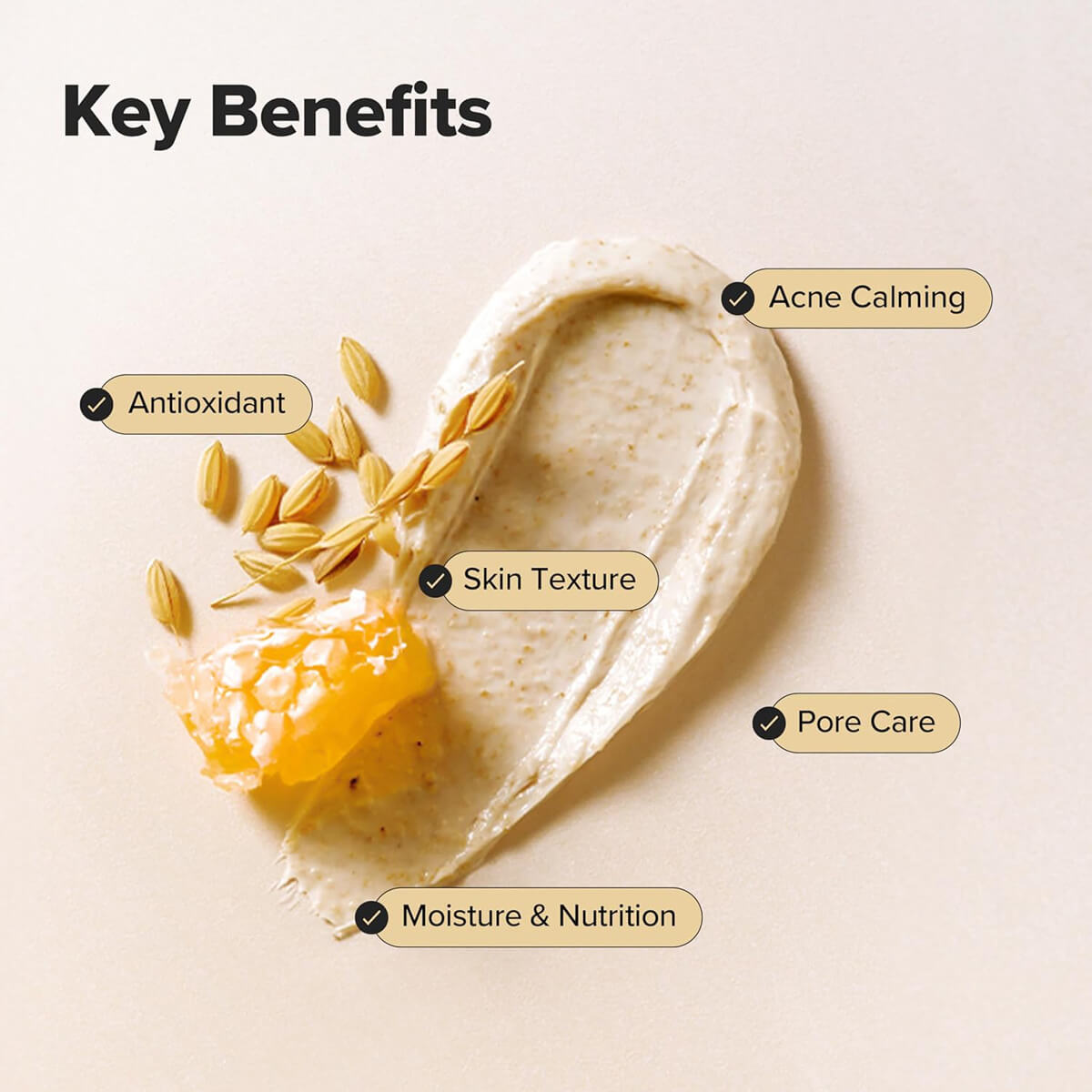 Key benefits of a skincare product with ingredients and text on a beige background