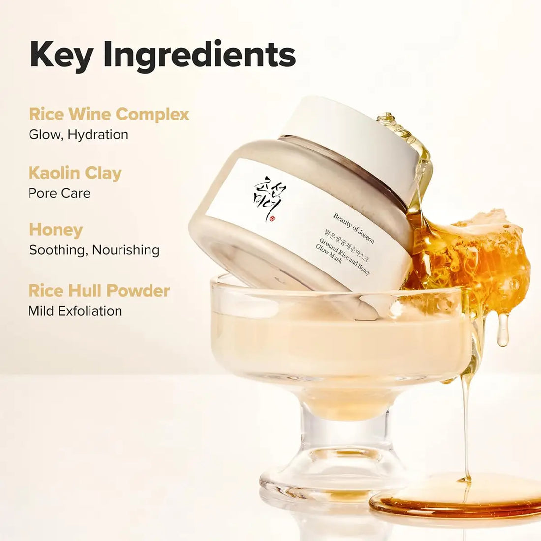Beauty of Joseon Rice Honey Glow Mask with honey and key ingredients listed on a white background