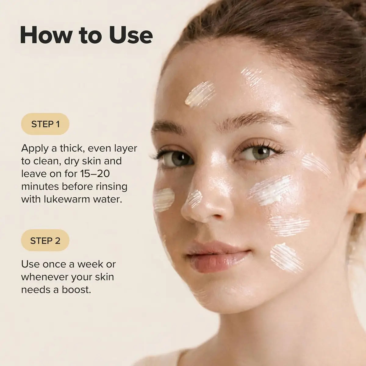 Woman with skincare product application on her face and instructions on how to use it.