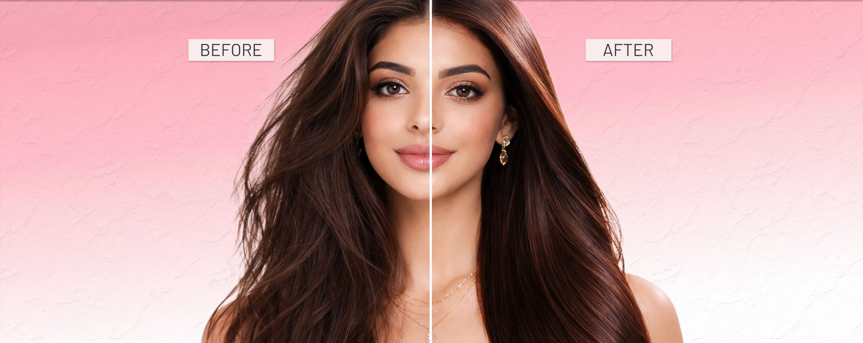 Before and after comparison of a woman with long hair on a pink background