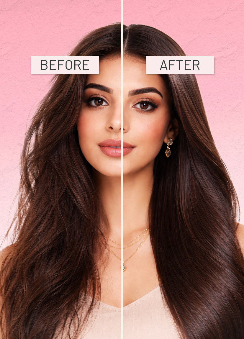 Before and after comparison of hair treatment on a person with long, straight hair against a pink background.