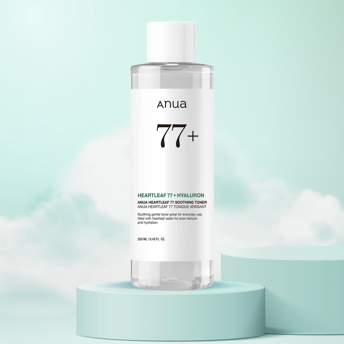 Anua 77+ skincare toner bottle on a light blue background