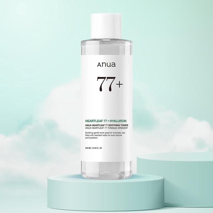 Anua 77+ skincare toner bottle on a light blue background
