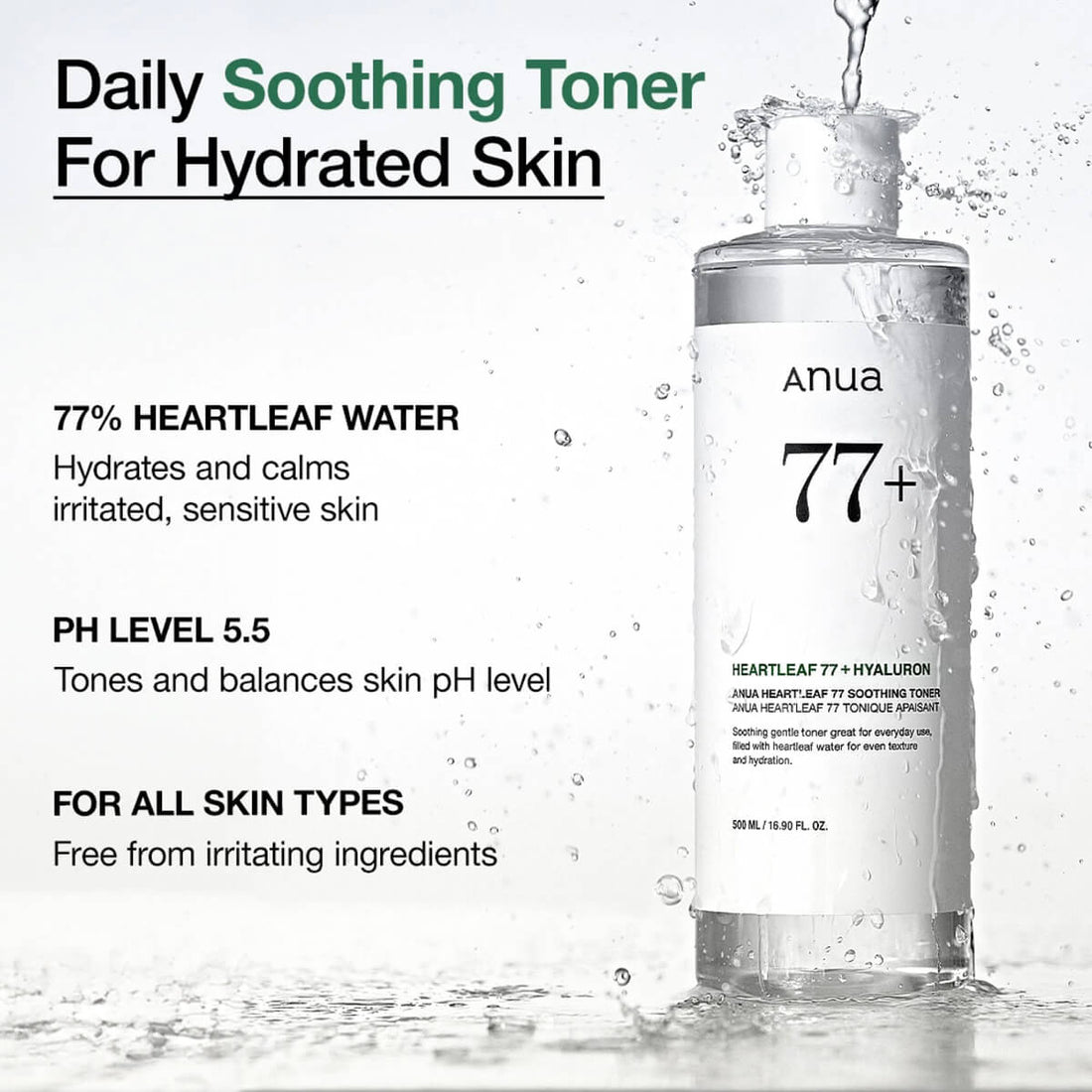 Anua 77+ Daily Soothing Toner bottle with product details on a white background