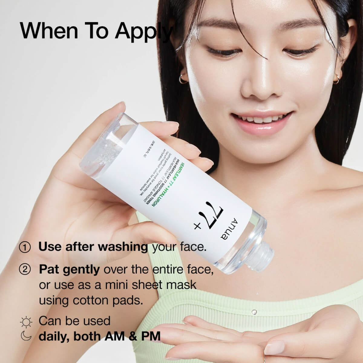 Woman holding a skincare product with application instructions on a light gray background