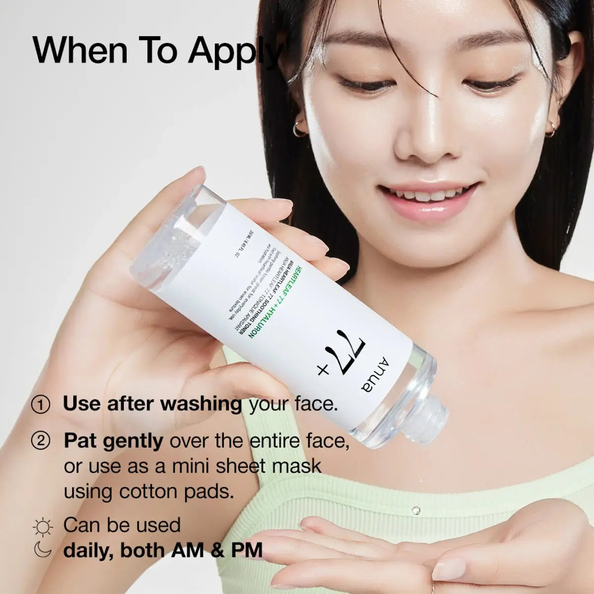 Woman holding a skincare product with usage instructions on a light gray background