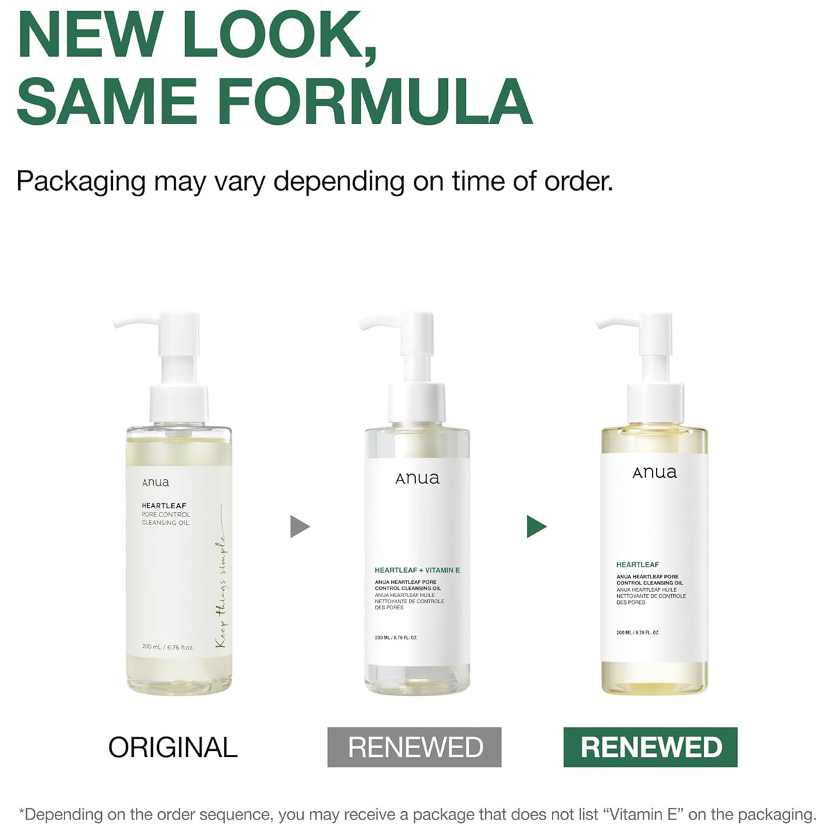 Three bottles of anua skincare product with 'Original', 'Renewed', and 'Renewed' labels on a white background.