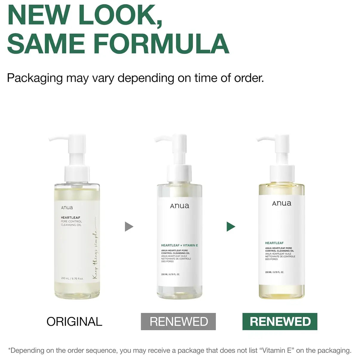 Three bottles of anua skincare product with text indicating a 'New Look, Same Formula' comparison.