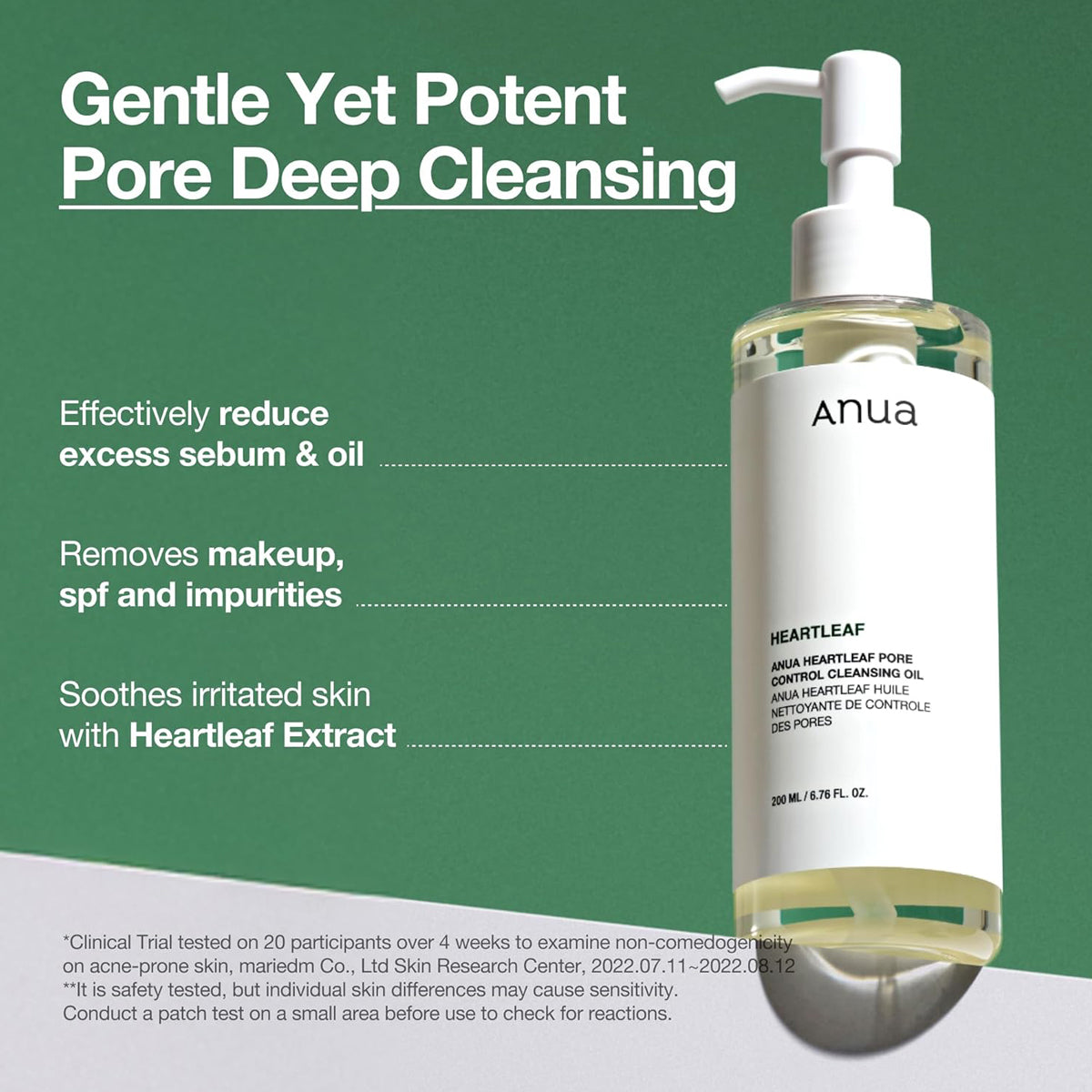 Anua pore deep cleansing product with green background and text highlighting benefits