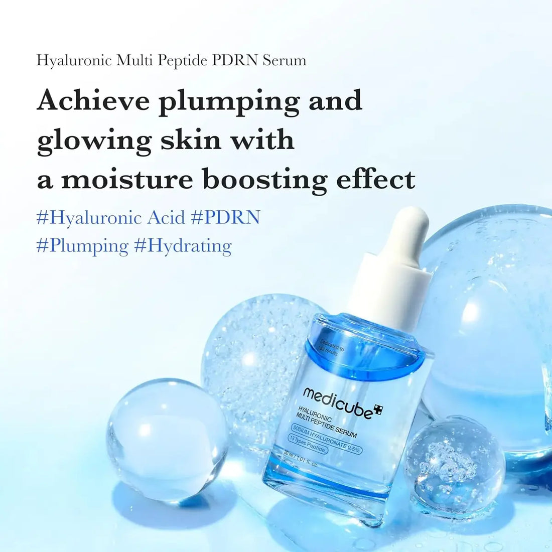 Medicube Hyaluronic Multi Peptide PDRN Serum with dropper on a light blue background