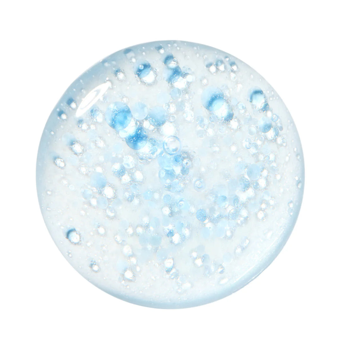 Round blue and white glittery product on a white background