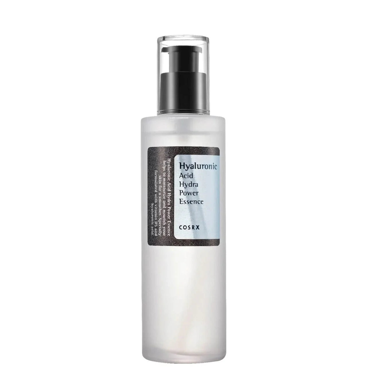 A white, pump bottle labeled Hyaluronic Acid Hydra Power Essence by COSRX.