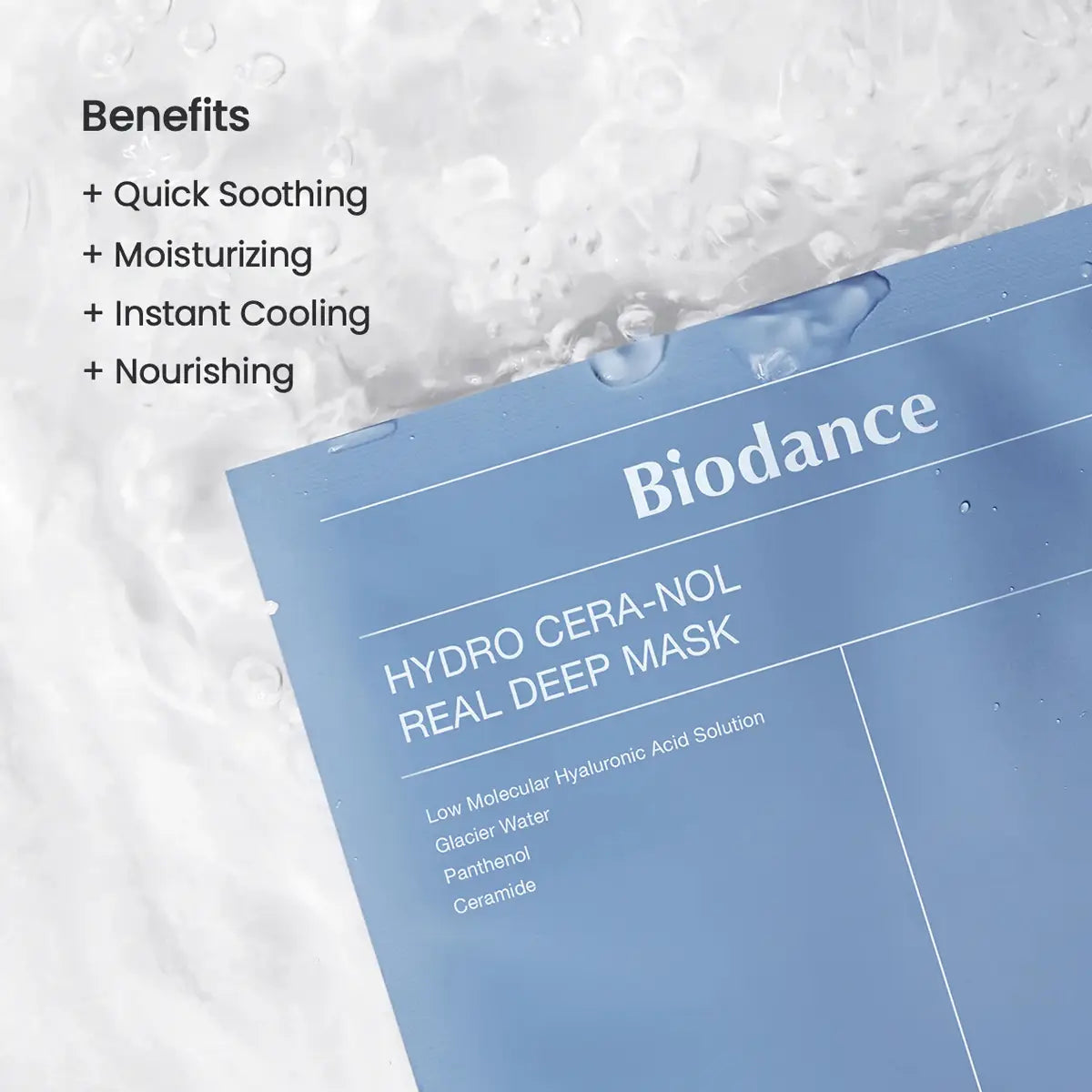 Biodance Hydro Cera-NOL Real Deep Mask with benefits listed on a white background