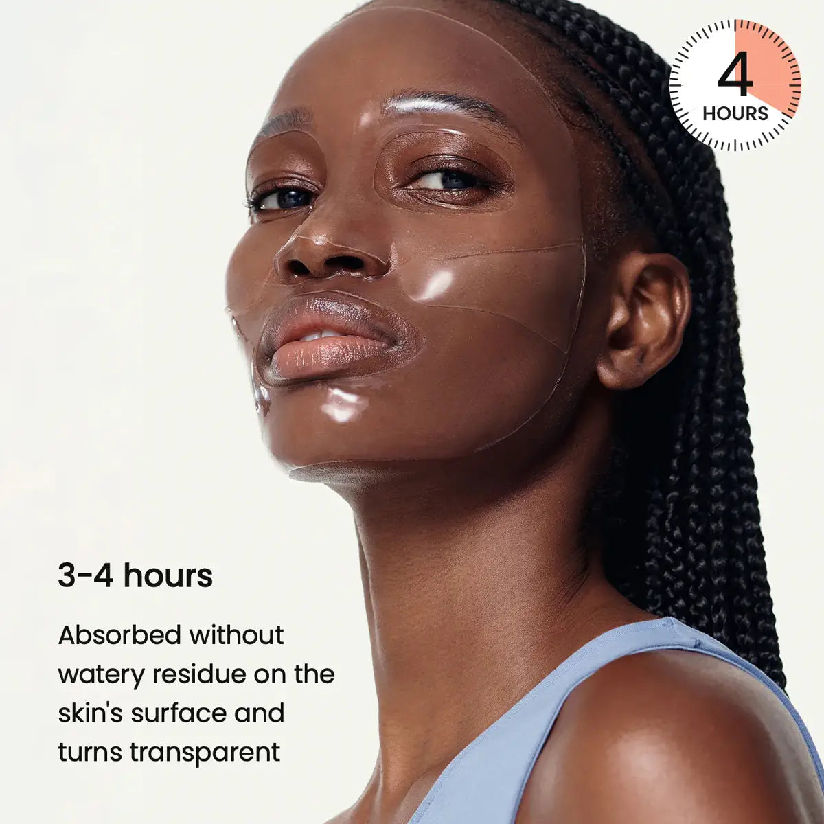 Woman with a brown face mask applied, text indicating absorption time and product features.