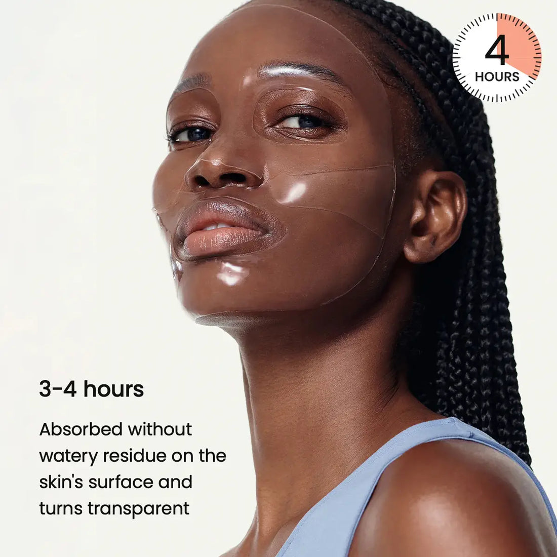 Woman with a brown face mask applied, text indicating absorption time and product features.