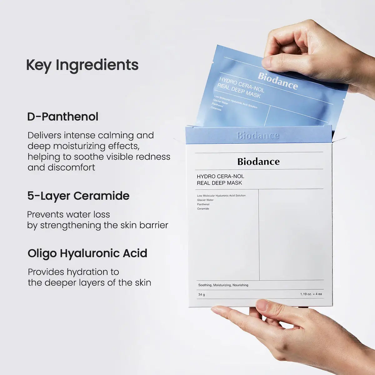 Biodance Hydro Cera-Nol Real Deep Mask with key ingredients listed on a white background