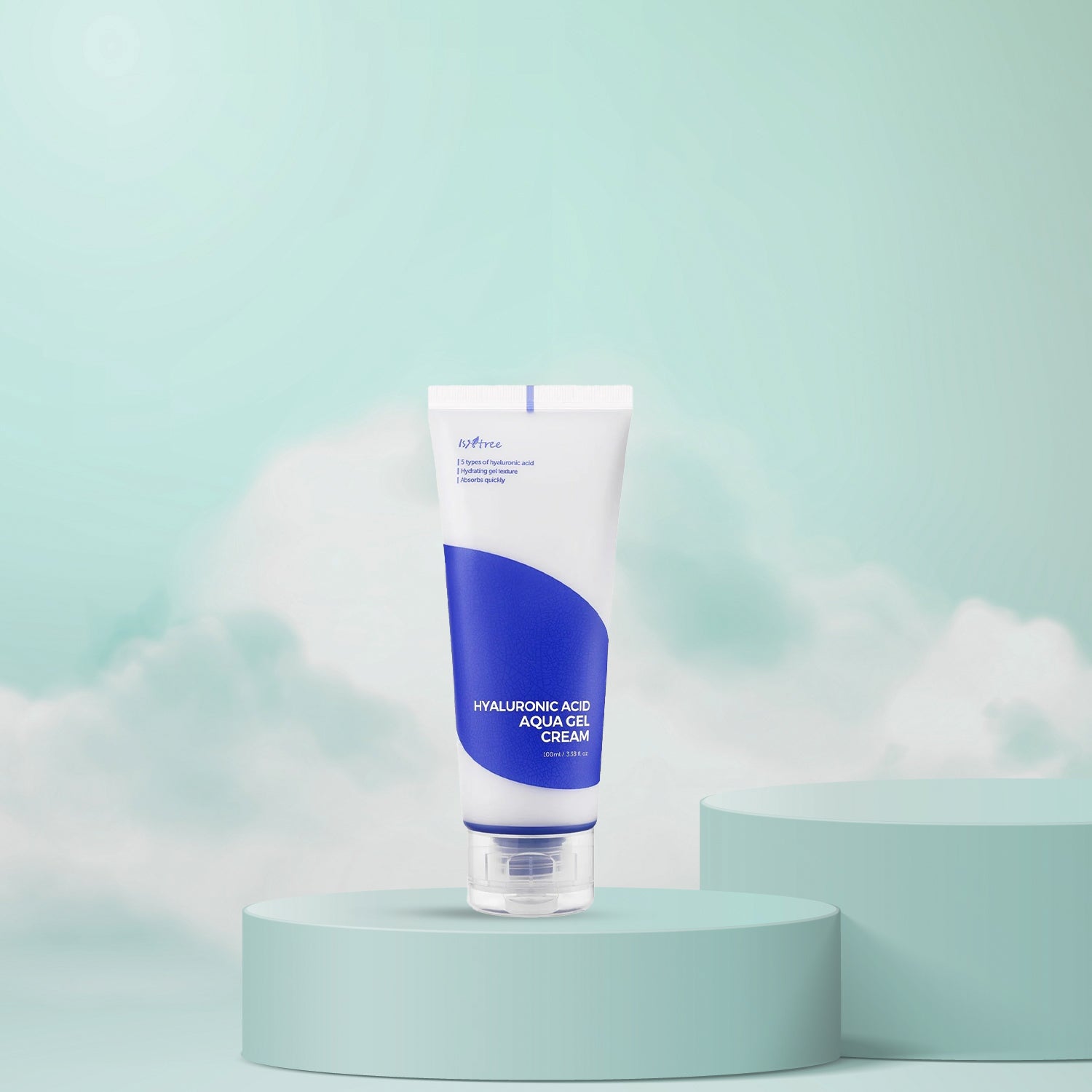 A tube of Hyaluronic Acid Aqua Gel Cream set against a backdrop with blue tones and cloud-like elements, representing a skincare product.