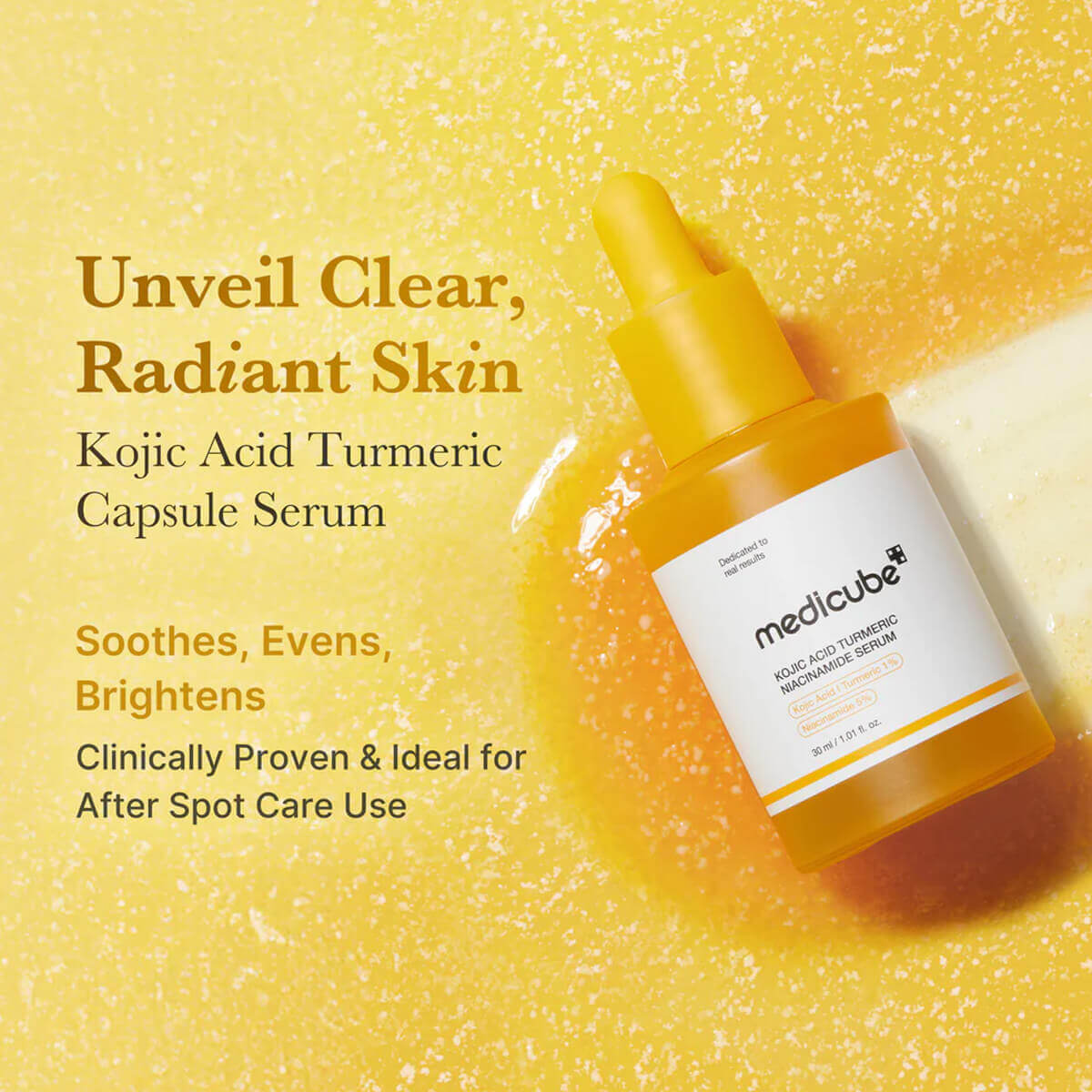 Kojic Acid Turmeric Niacinamide Serum by Medicube in a bottle on orange background, targeting uneven skin and dark spots.
