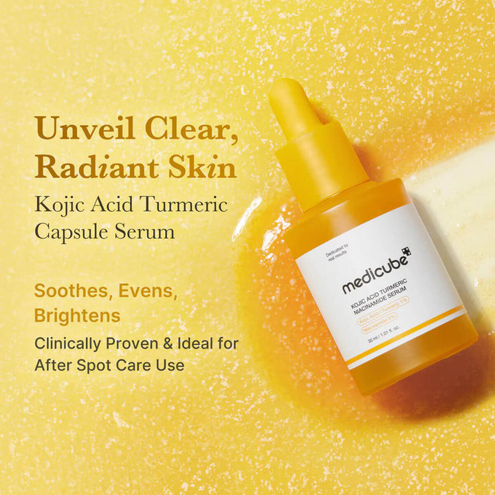 Kojic Acid Turmeric Niacinamide Serum by Medicube in a bottle on orange background, targeting uneven skin and dark spots.